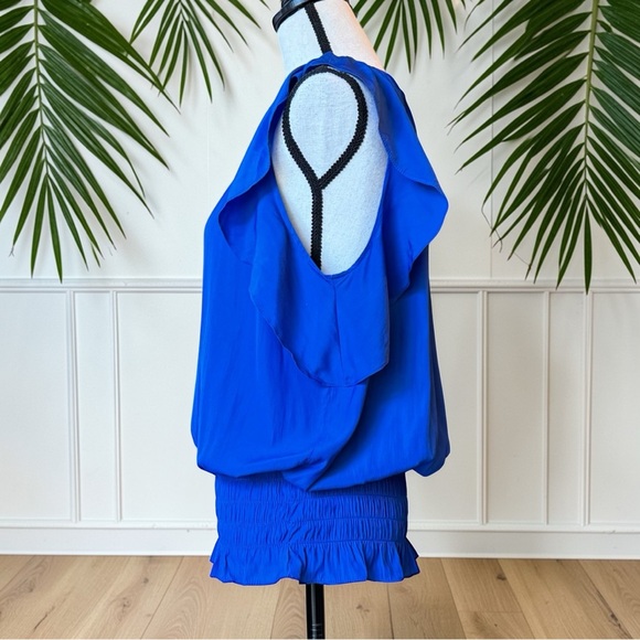 Ramy Brook Keegan Blue Ruffle Sleeve Smocked Waist Blouse Top Size M NWT - Picture 2 of 10